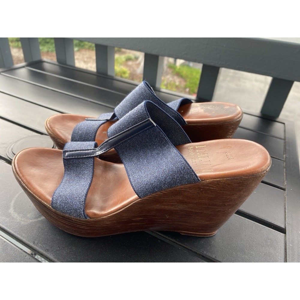 Italian Shoemakers Joann Denim Silver Wedge Sandals Made in Italy Size 8.5 M